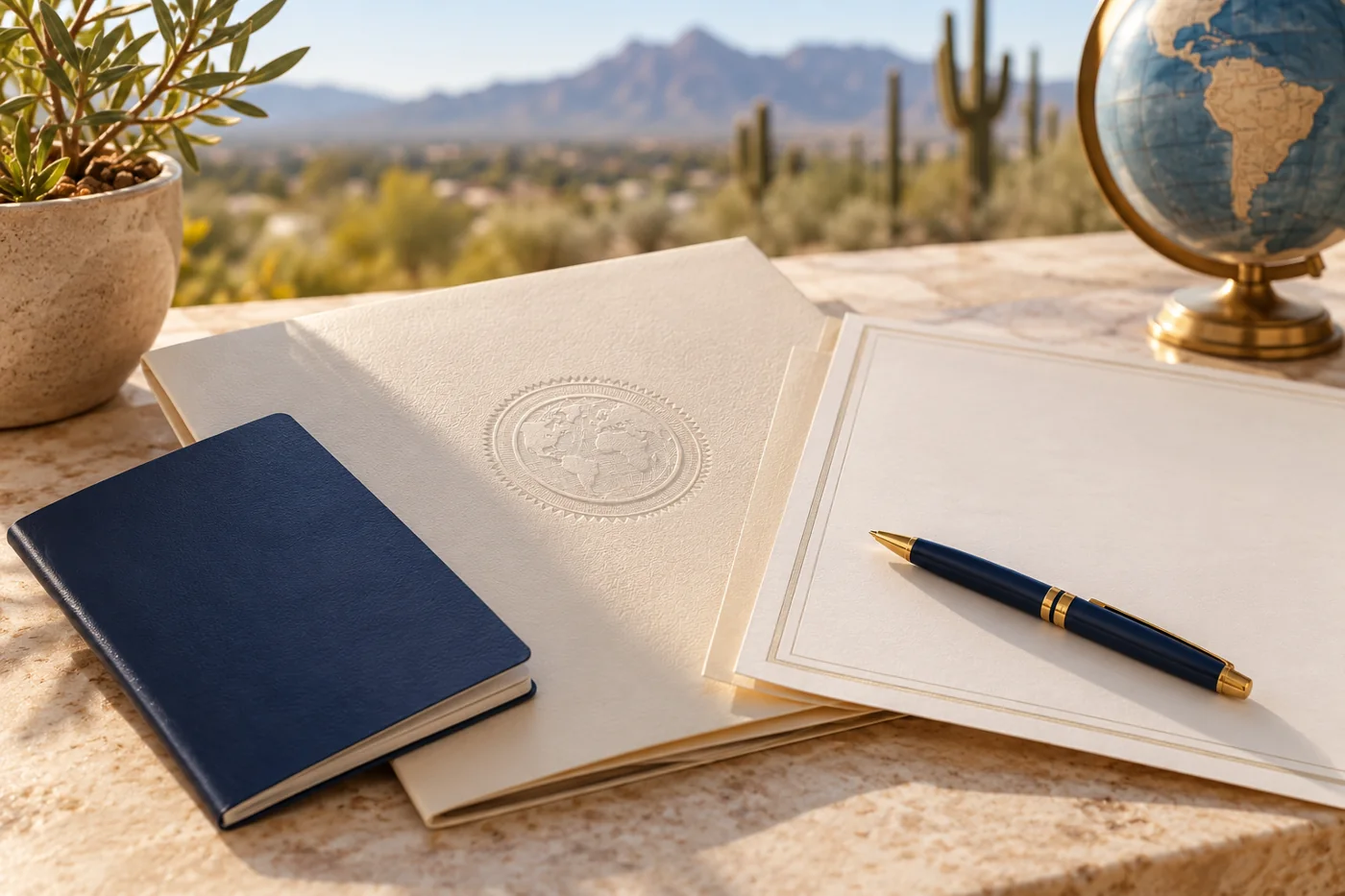 Illustration of international document preparation with a passport and globe