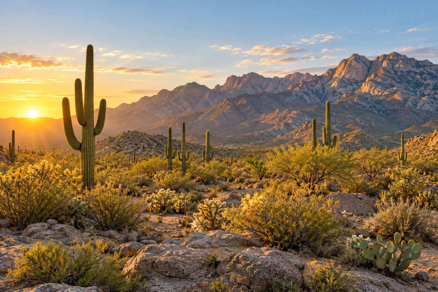 Illustration of saguaro cacti and Sonoran Desert mountains at golden hour