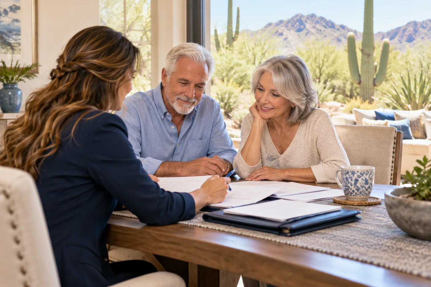 Illustration of a mobile document consultation in a Tucson-style home