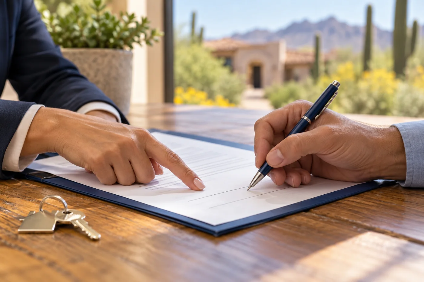 Illustration of hands reviewing and signing loan documents