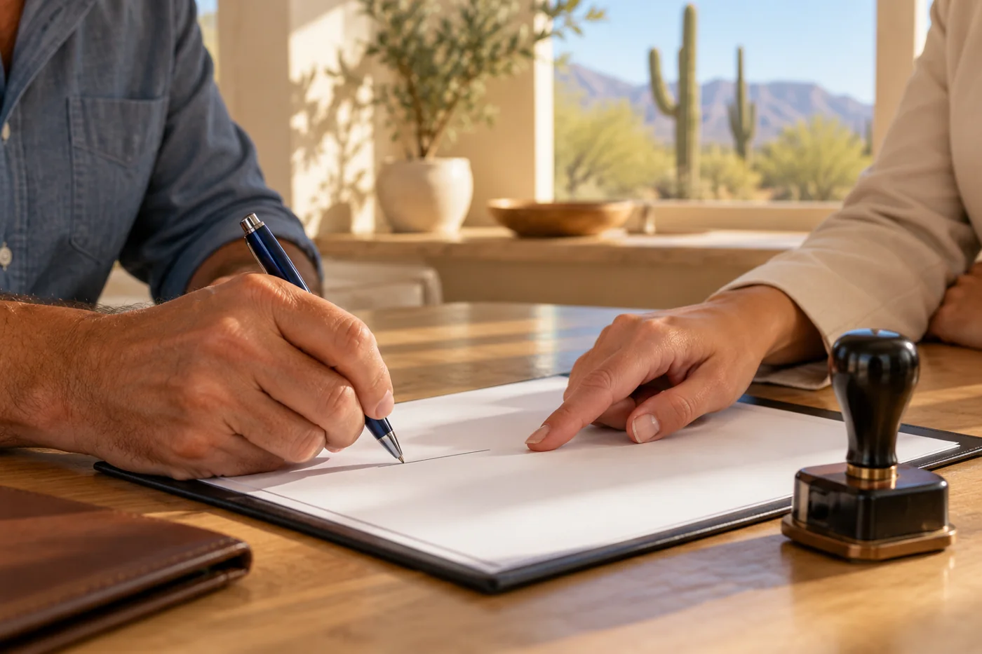 Illustration of a document being signed beside a notary stamp