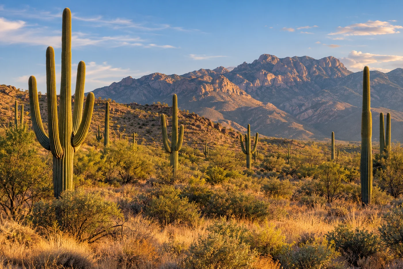 Illustration of saguaro cacti and Tucson desert mountains